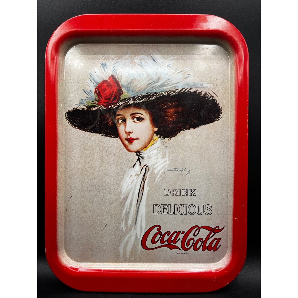 Vtg Coca-Cola Metal Serving Tray Hamilton King Girl Red Rim 1970s 14.5x10.5